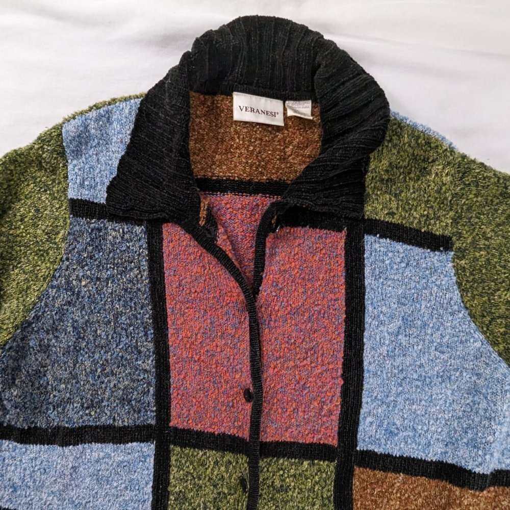 Vtg Color Block Windowpane Button Up Collared Bla… - image 3